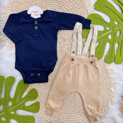 Conj. Body Manga Longa e Calça Saruel com Suspensório - Marinho